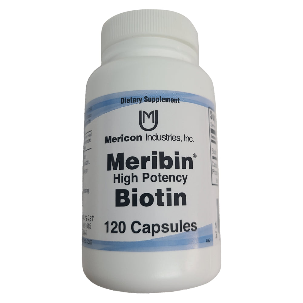 Mericon Industries Meribin High Potency Biotin Supplement | Biotin Hair Growth Vitamins | Biotin Pills for Skin, Nail, Brain, Metabolism, & Energy Support | 120 Capsules