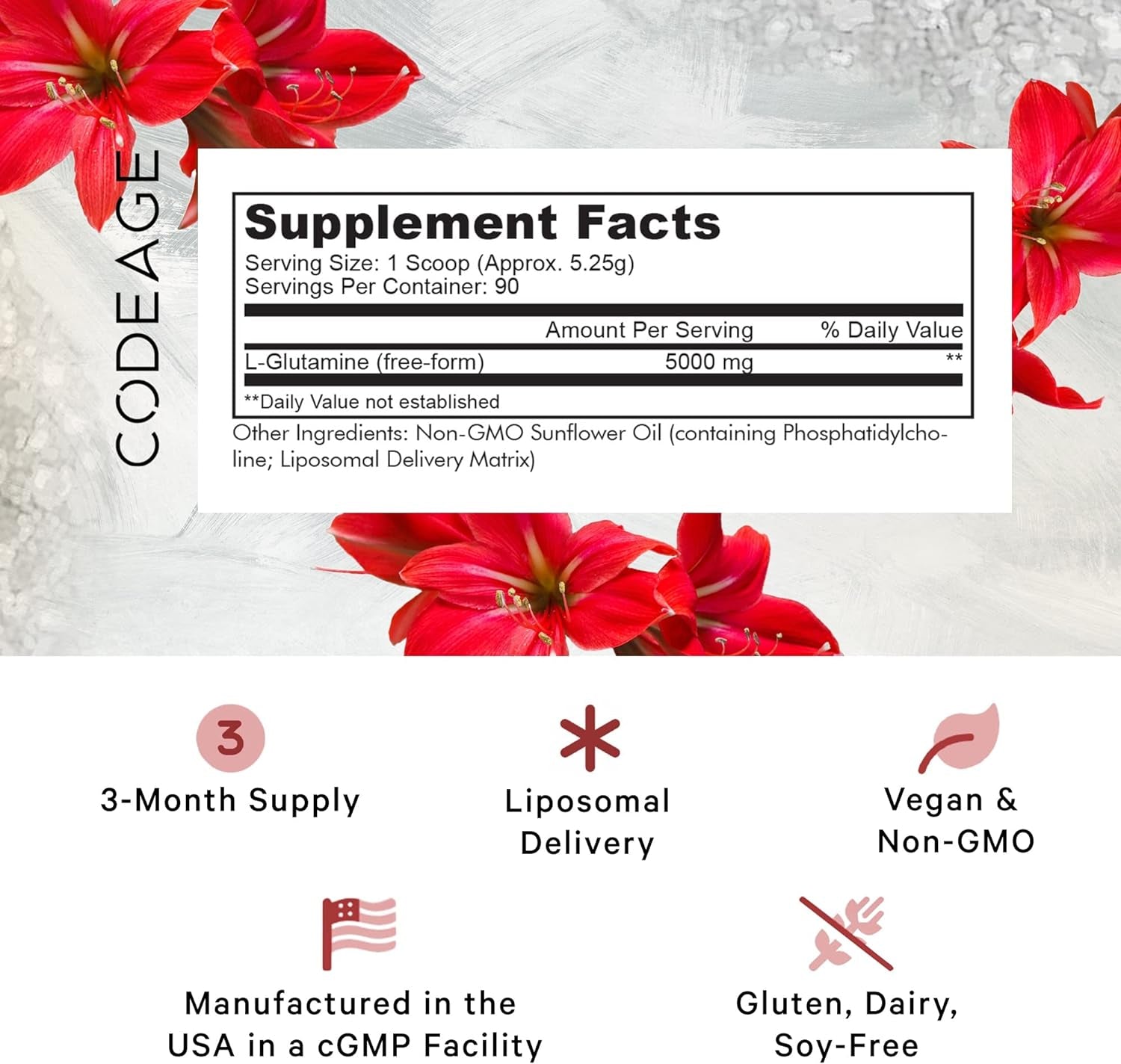 Codeage L-Glutamine Powder 5000Mg Glutamine Supplement, Free-Form Amino Acid, Liposomal Delivery for Absorption, 3-Month Supply, Vegan & Non-Gmo, Gut Health, Performance, and Muscles Support, 16.67 Oz