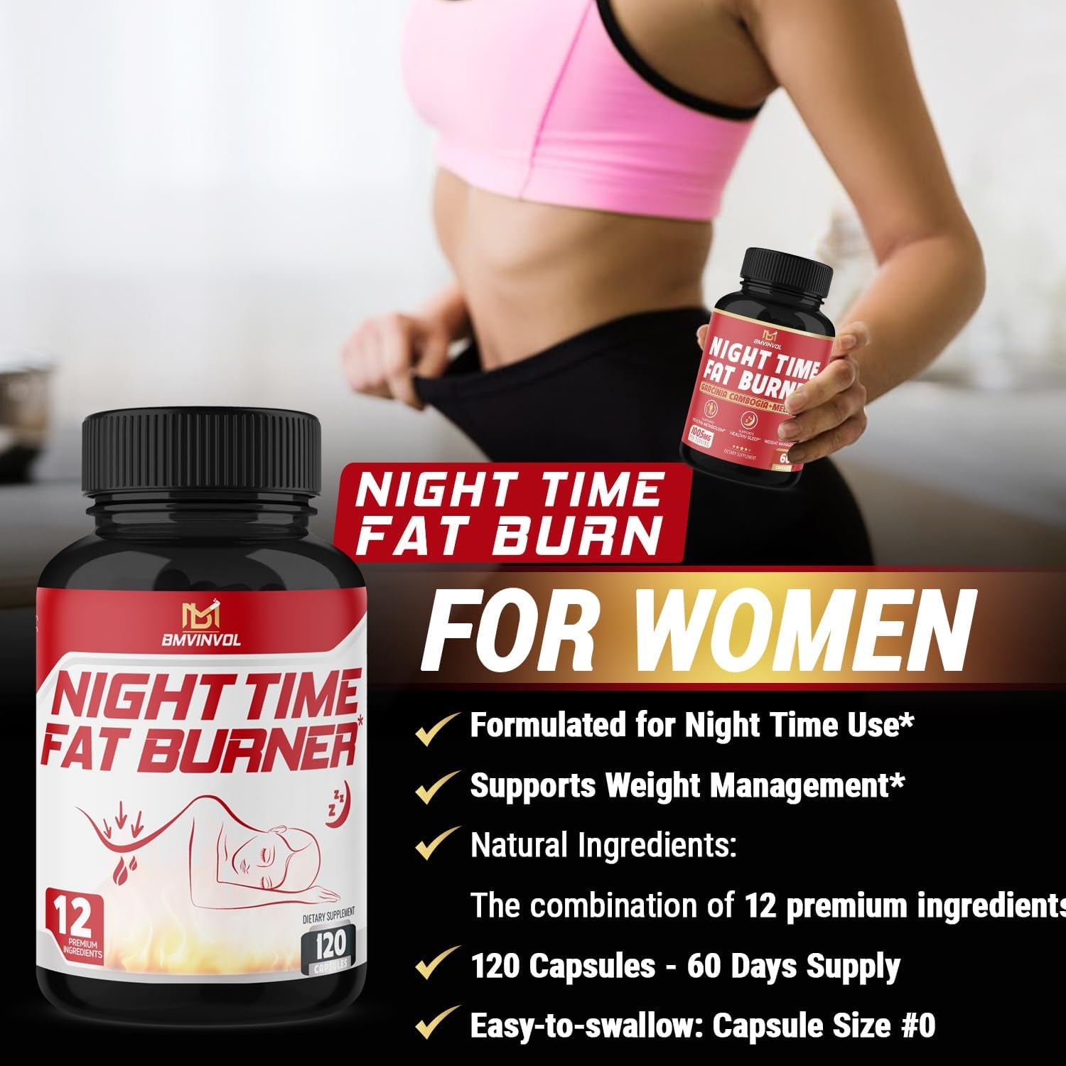 BMVINVOL Night Time Fat Burner 120Capsules, 12-In-1 Powerful Blend of Green Tea, Ceylon Cinnamon, Green Coffee Bean, Garcinia Cambogia, White Kidney Bean, Lemon Balm, Passion Flower