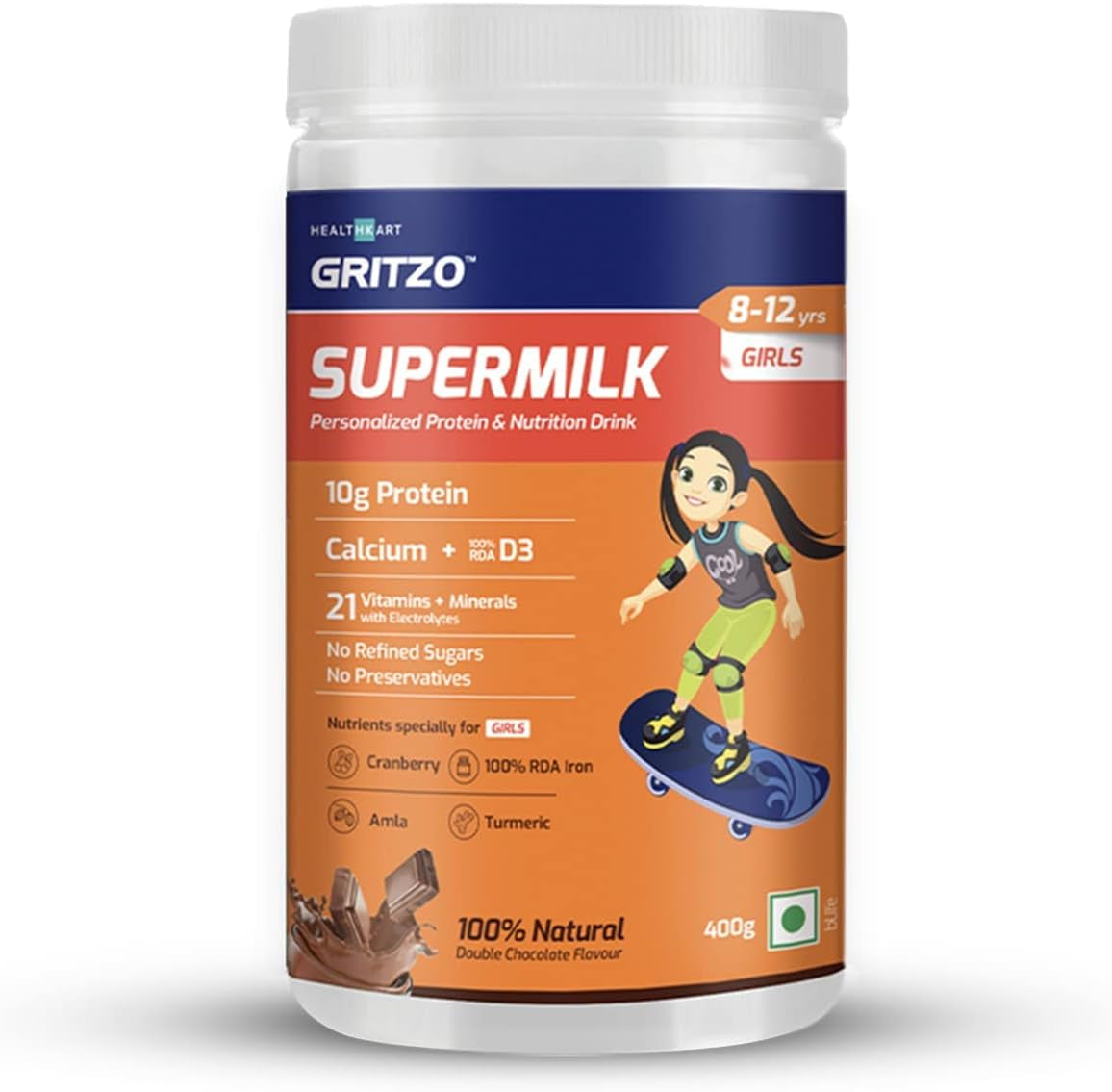 Supermilk 8-12Y (Girls), Kids Nutrition & Health Drink, Protein Powder for Kids Growth & Sports, High Protein (10 G), Calcium + D3, 21 Nutrients, Natural Double Chocolate Flavour, 400 G