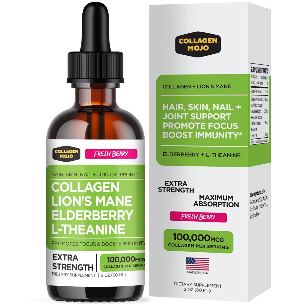 Liquid Collagen Peptides with Lion'S Mane Mushroom, Elderberry & L-Theanine – High Potency/Absorption Formula. Hair, Skin, Nail + Joint Support. Promote Focus & Boost Immunity – Collagen Mojo - 2 Oz.