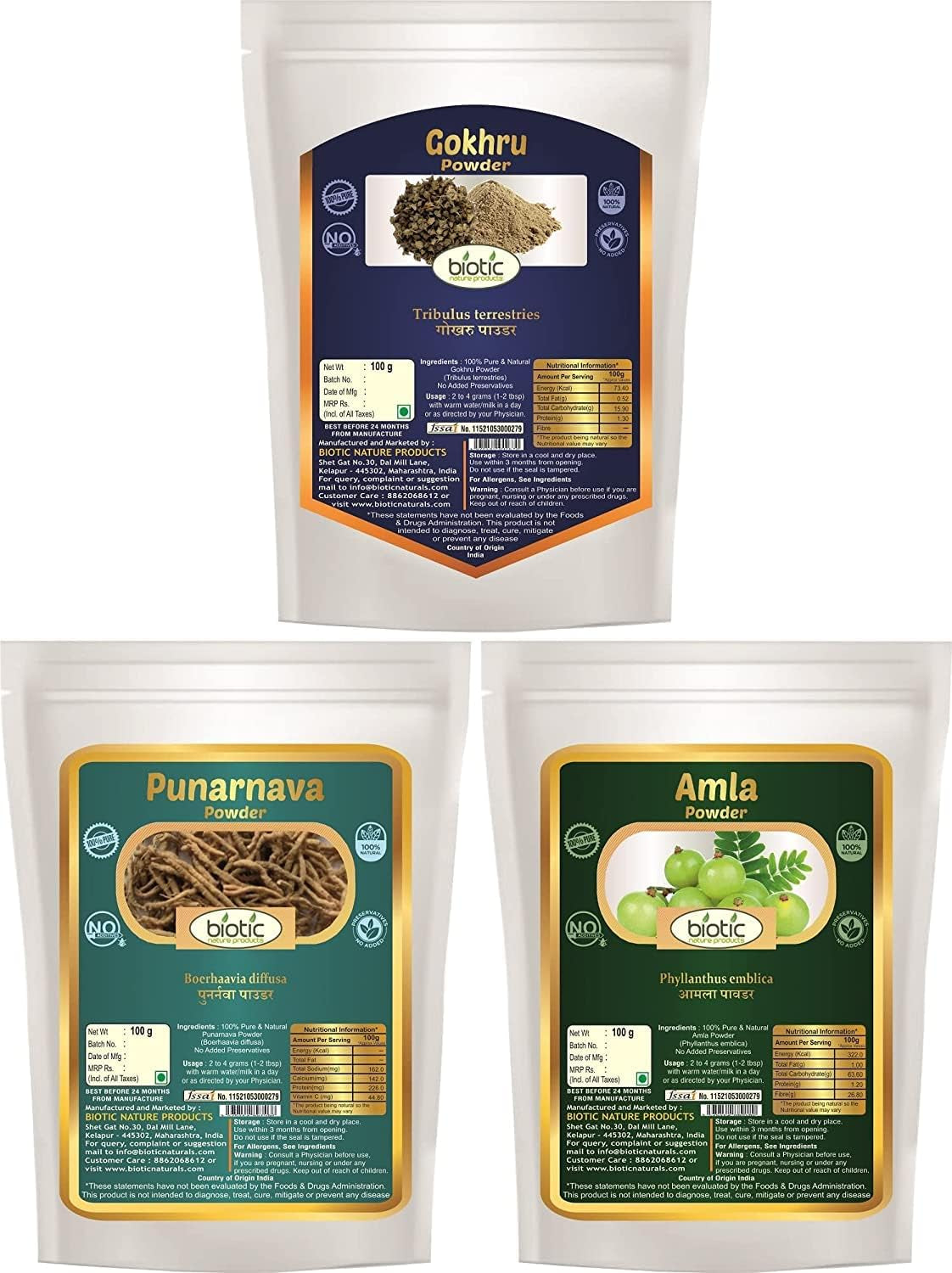 Veena Biotic Gokhru, Punarnava and Amla Powder - 300G (100G Each)