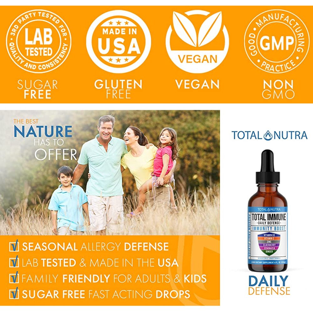 Total Nutra 6-In-1 Liquid Multivitamin Supplement - Immunity Drops - Elderberry, Echinacea & Ginger Defense Support for Adults & Kids - 4 Oz. Passion Fruit.