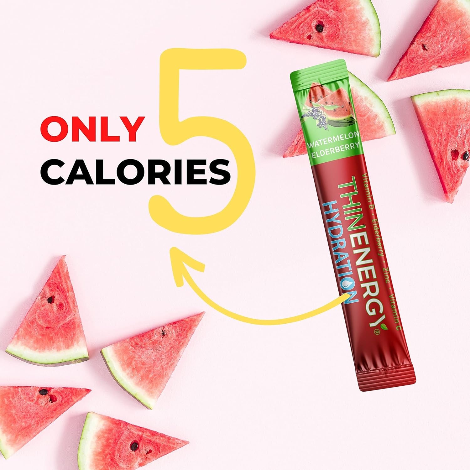 Thin Energy Hydration Powder Packets | Watermelon Elderberry | 30 Sticks | Vitamins & Electrolytes Sports Drink Mix | Caffeine Free | Sugar Free & Keto Friendly | Plant Based