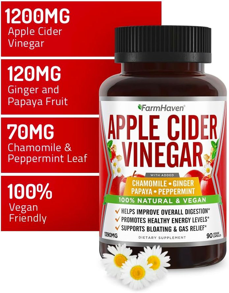 Apple Cider Vinegar Capsules with Ginger, Papaya & Chamomile | 1390Mg | Supports Digestion, Immunity | like with Mother | Non-Gmo & 100% Natural | 450 Capsules