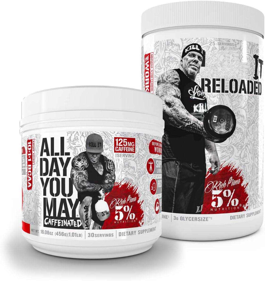 5% Nutrition Rich Piana Bundle | Alldayyoumay Caffeinated BCAA Powder + Kill It Reloaded High-Stim Pre-Workout (Fruit Punch)