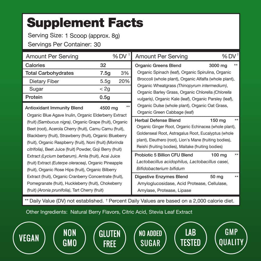 Nutrachamps Super Greens Powder Premium Antioxidant Superfood | Organic Greens Fruit and Veggie Vegan Supplement | 40+ Greens and Superfoods Including Wheatgrass & Spirulina | Probiotic Powder Greens