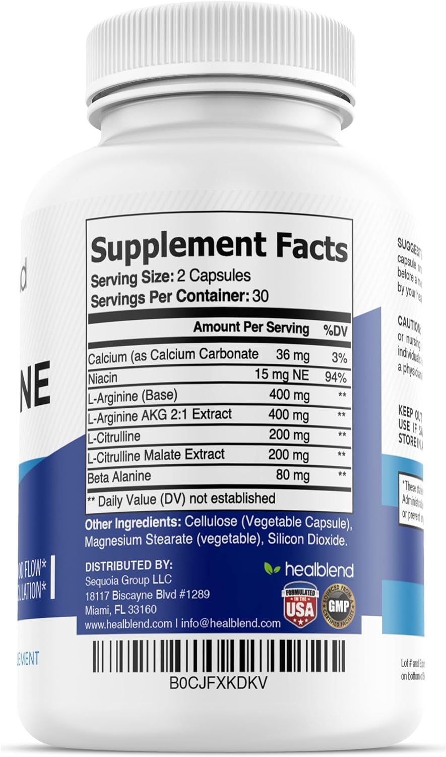 Healblend L Arginine plus Capsules - Blood Circulation Supplements with L-Citrulline, Calcium, Niacin & Beta Alanine for Natural Energy, Increase Blood Flow - 60 Capsules