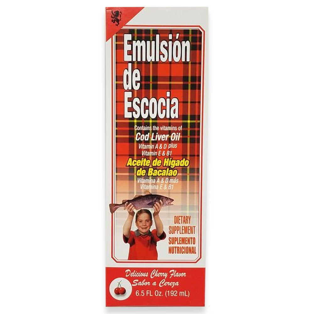 Emulsion De Escocia Cod Liver Oil Dietary Supplement. Rich in Vitamins A, D, E and B1. Cherry Flavoured. 6.5 Fl Oz. Pack of 3