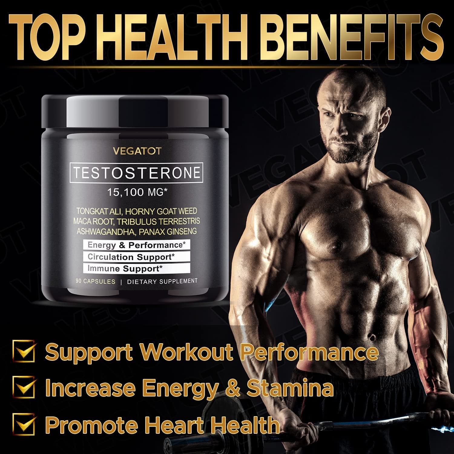 VEGATOT 𝟴 𝗜𝗡 𝟭 Testo Support 𝟭𝟱,𝟭𝟬𝟬 𝗠𝗚 - Boost Performance with Tongkat Ali, Panax Ginseng, Maca Root, Ashwagandha, Tribulus - Energy, Stamina, Circulation Support