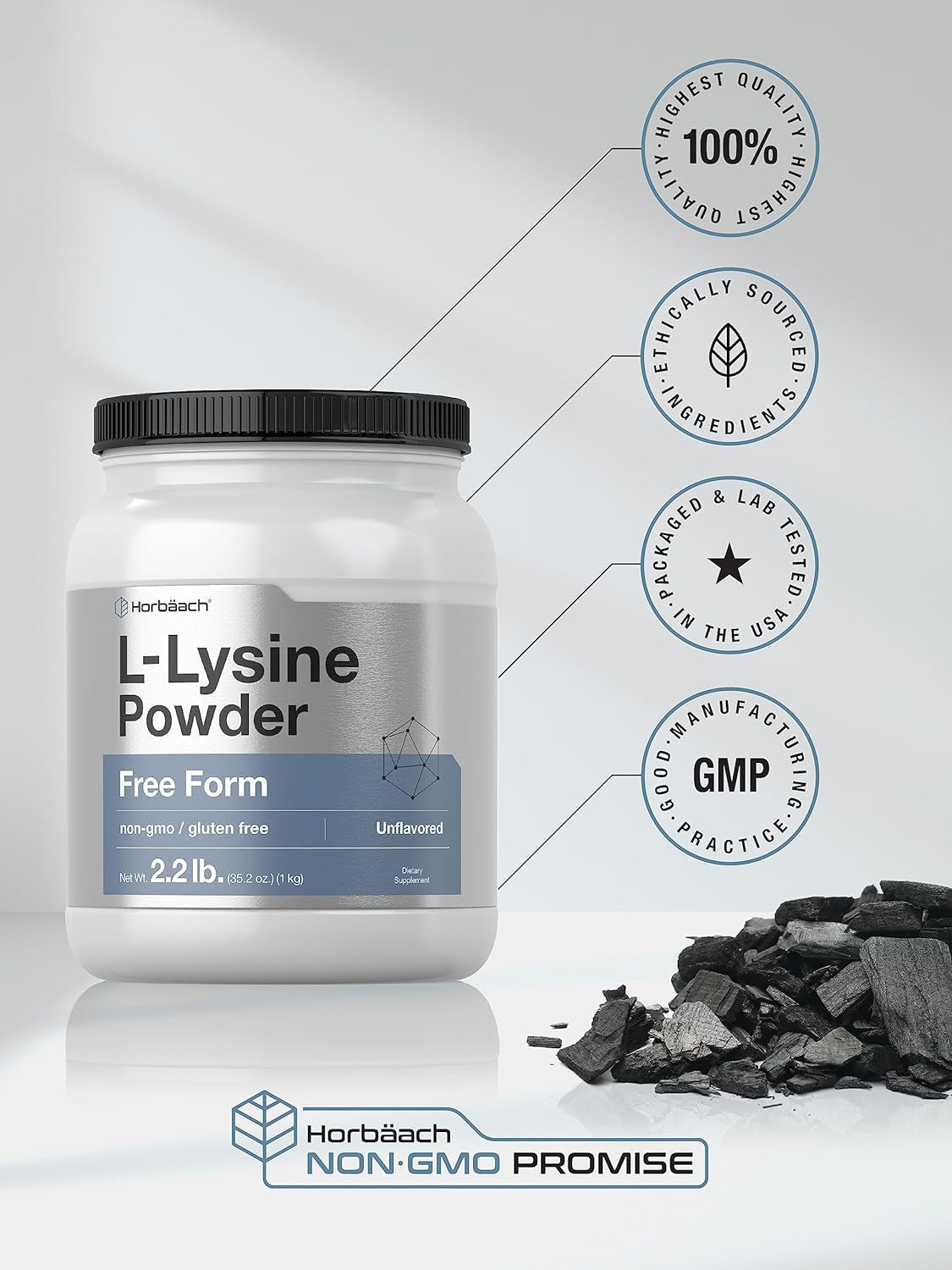 L-Lysine Powder | 2.2 Lbs | Unflavored Free Form Supplement | Vegetarian, Non-Gmo, Gluten Free Formula | by Horbaach