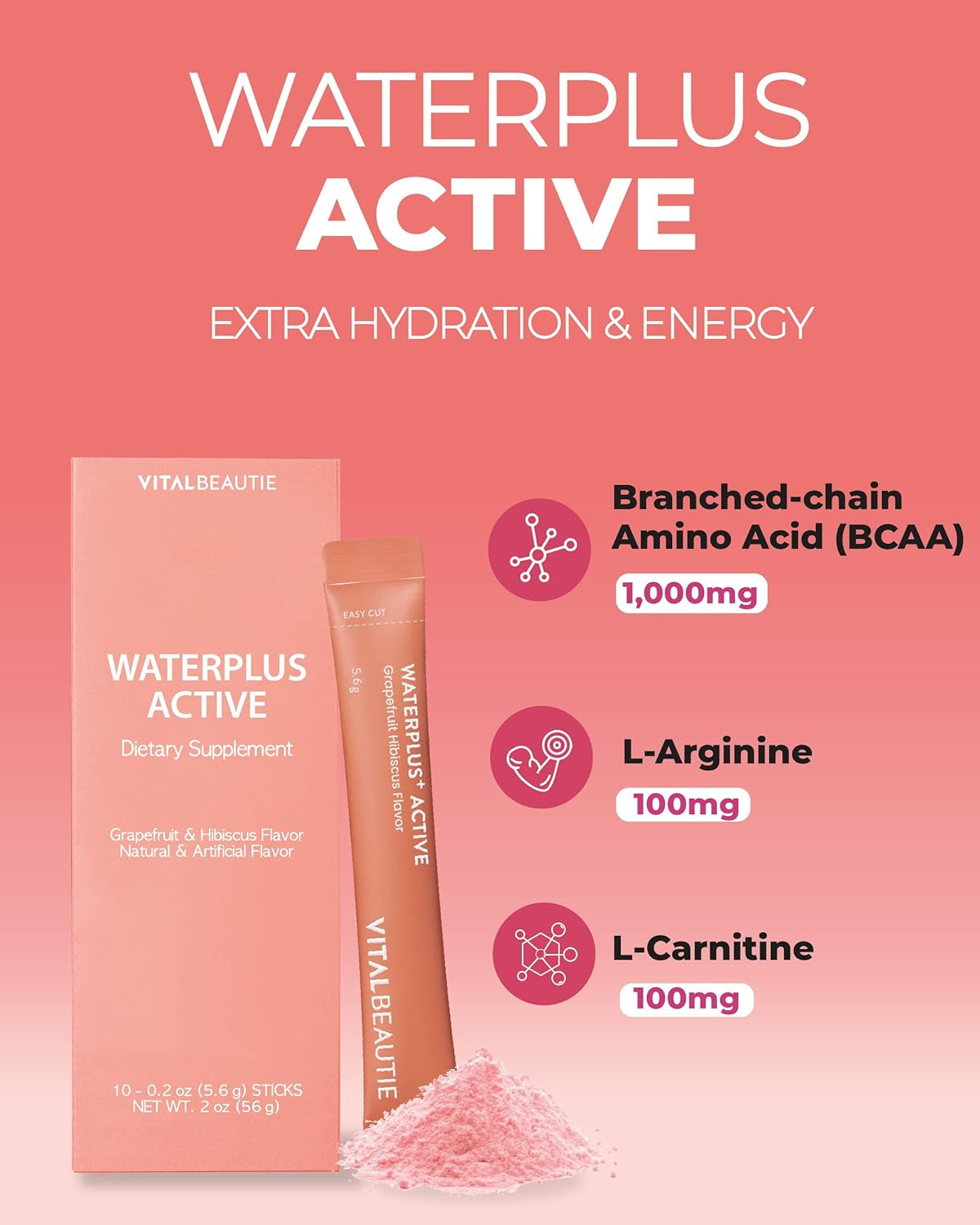 VITALBEAUTIE Waterplus+ Active (Grapefruit & Hibiscus, 10 Sticks) - Vegan Electrolyte Drink Mix for Vitality by AMOREPACIFIC. Amino Acid (BCAA, L-Arginine & L-Carnitine).