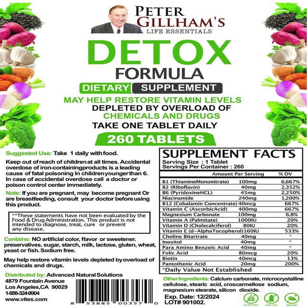 Detox Formula (DW) 260 Tablets by Peter Gillham, Blend of Vitamins, B1, B2, B5, B6, B12, C, A, D, & E. Includes Magnesium Carbonate, PABA, Folic Acid, Biotin & Choline Bitartrate