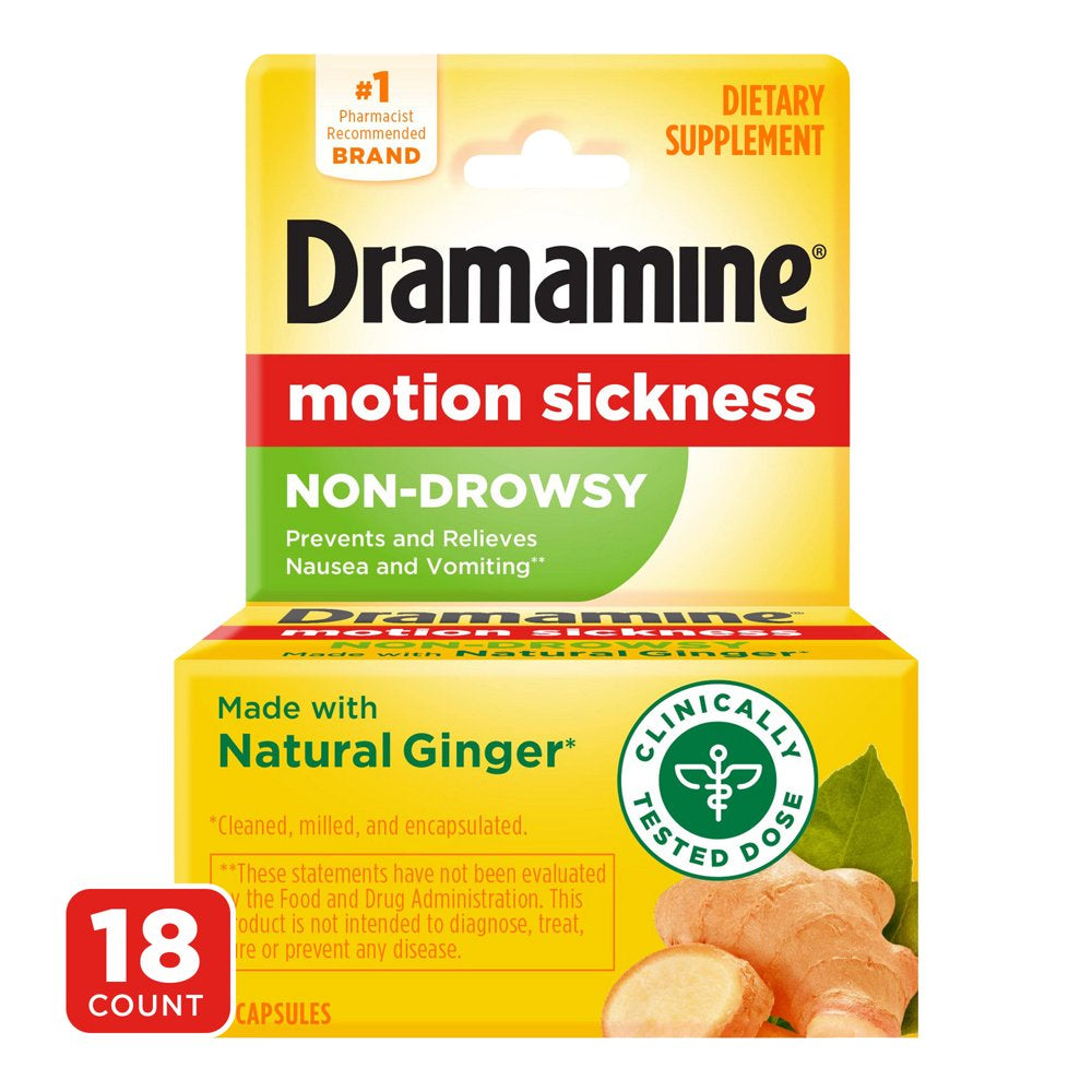 Dramamine Non-Drowsy, Motion Sickness Relief, Made with Natural Ginger, 18 Count