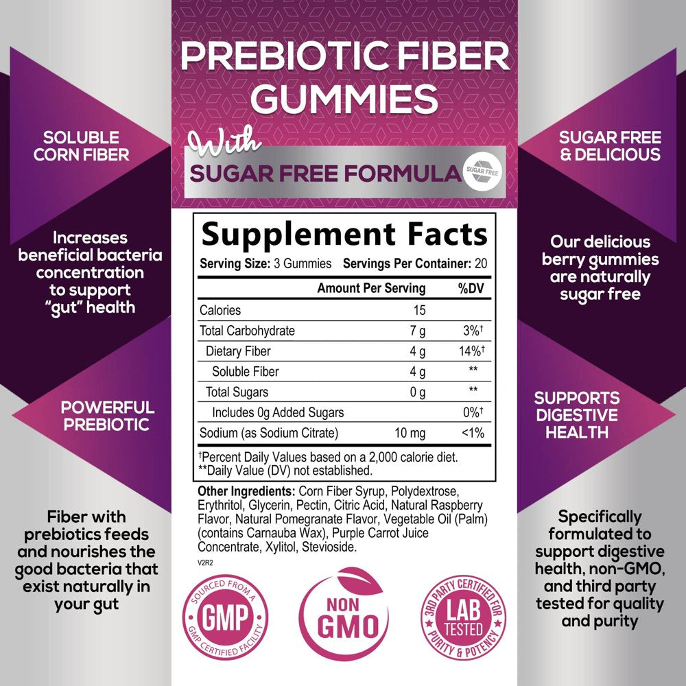 Sugar-Free Fiber Supplement Gummies for Adults - 4G Soluble Fiber per Serving - Natural Prebiotic Fiber Gummies Support Daily Digestive Health & Regularity - Plant Based & Berry Flavor - 60 Gummies