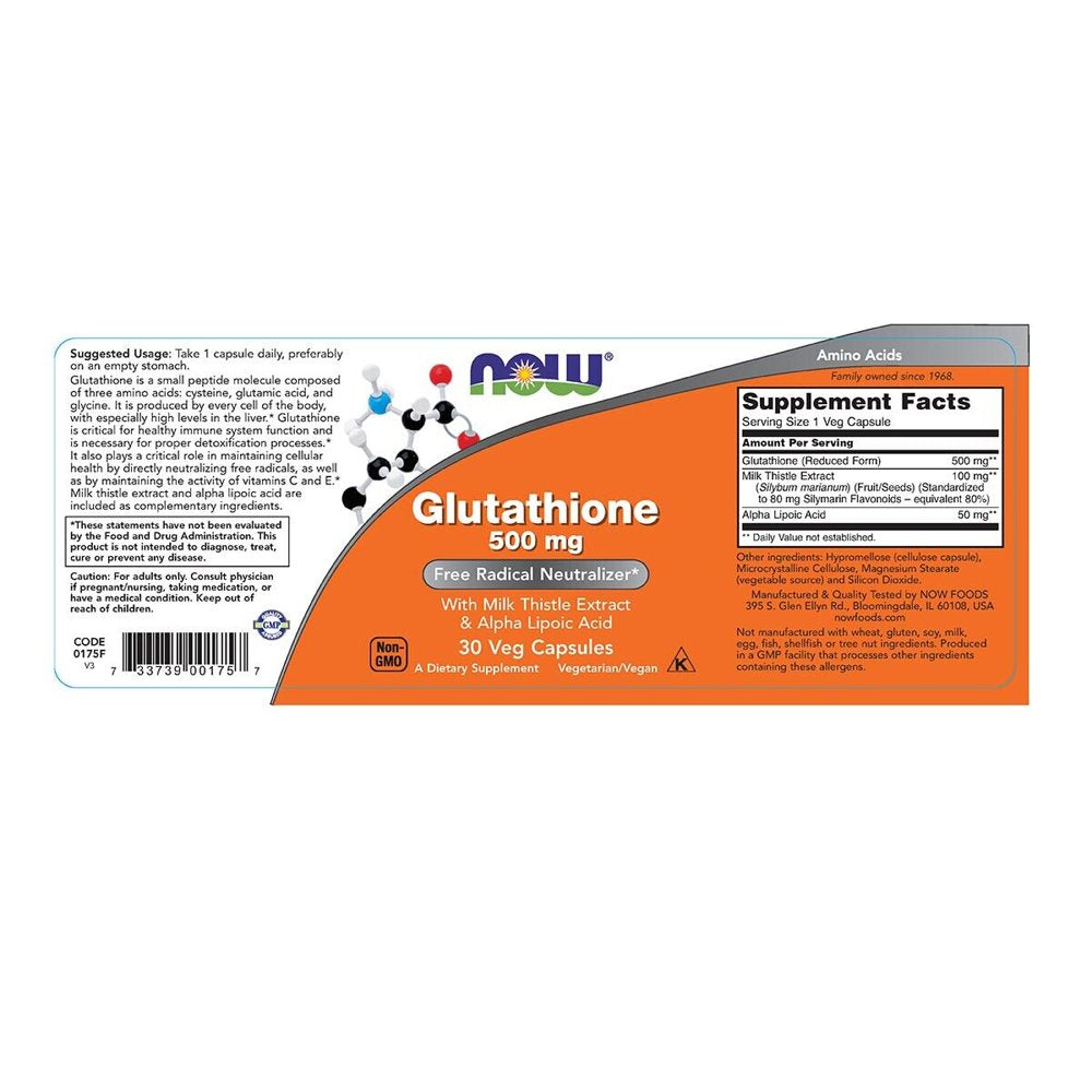 NOW Glutathione 500 Mg 30 Veg Caps Made in USA, Dietary Supplements.