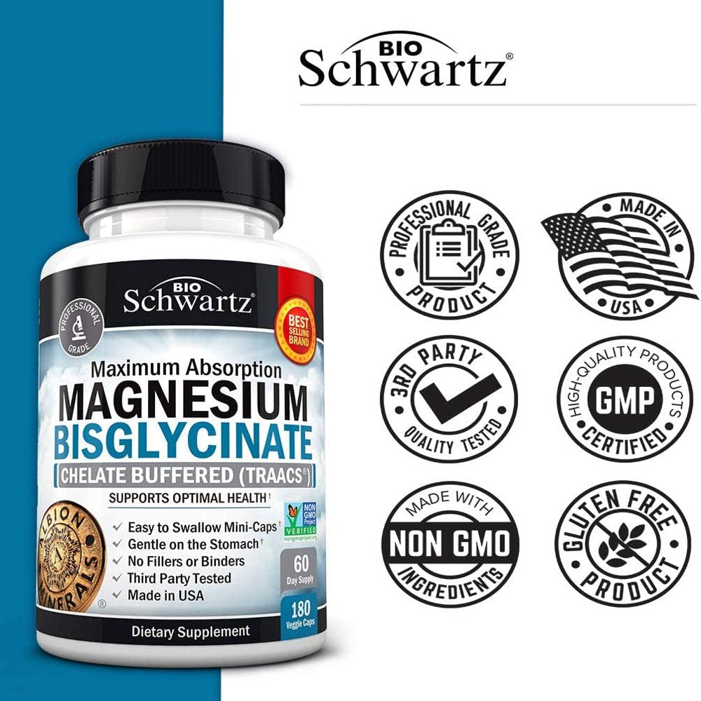 Bioschwartz Magnesium Bisglycinate 100% | Maximum Absorption | Health and Muscle Support | 180 Ct