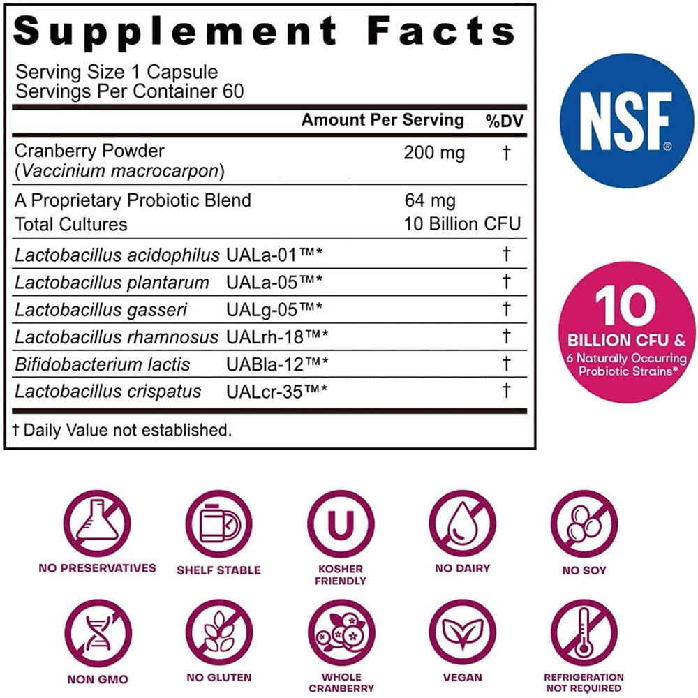 Nutricelebrity Nutriflora-Pro Probiotics for Women - Support Vaginal, Urinary Health (UTI), Digestive System, Period Pain, Yeast, and BV Relief, Cranberry Pills, 10 Billion CFU 6 Strains (30 Caps)