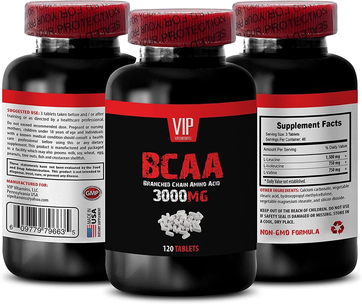 VIP Supplements Workout Pills for Men and Women - BCAA 3000 MG - BRANCHED Chain Amino Acid - Leucine Isoleucine and Valine, 1 Bottle (120 Tablets)