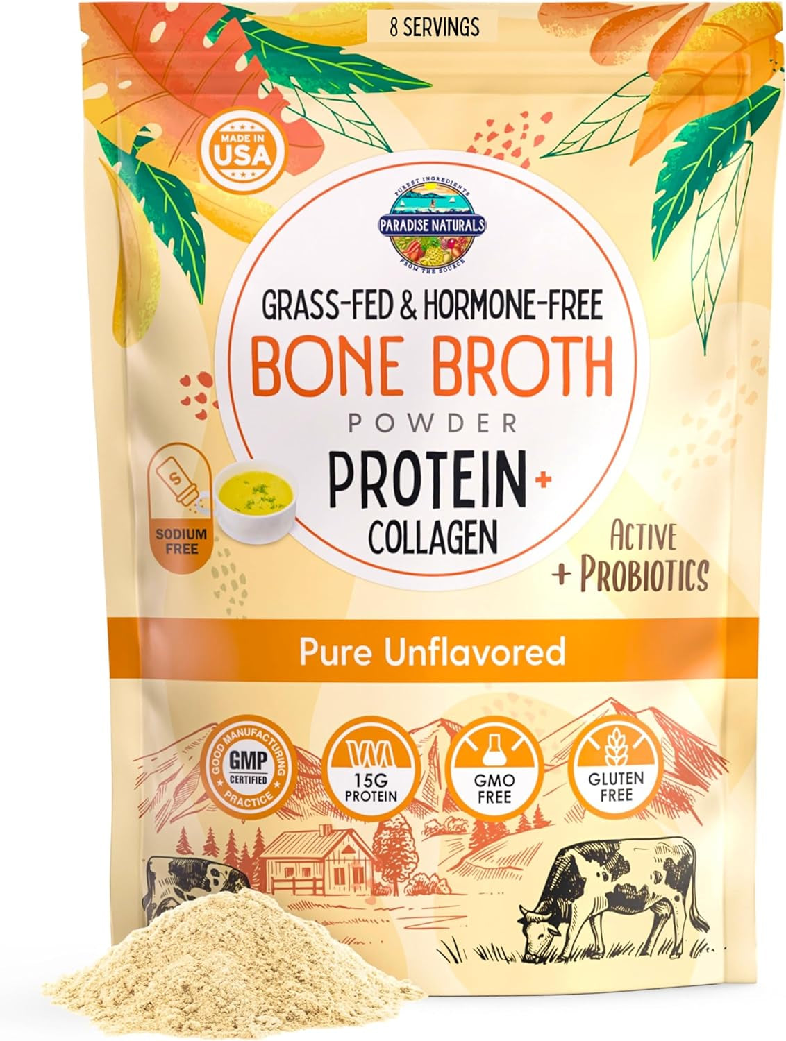 Paradise Naturals 100% Grass-Fed Beef Bone Broth Protein Powder -Active Probiotics- Collagen Peptide Rich, 15G Protein, Non-Gmo, Low Sodium, Healthy Skin Hair Joints, Gut Health, Paleo Keto, No Gluten