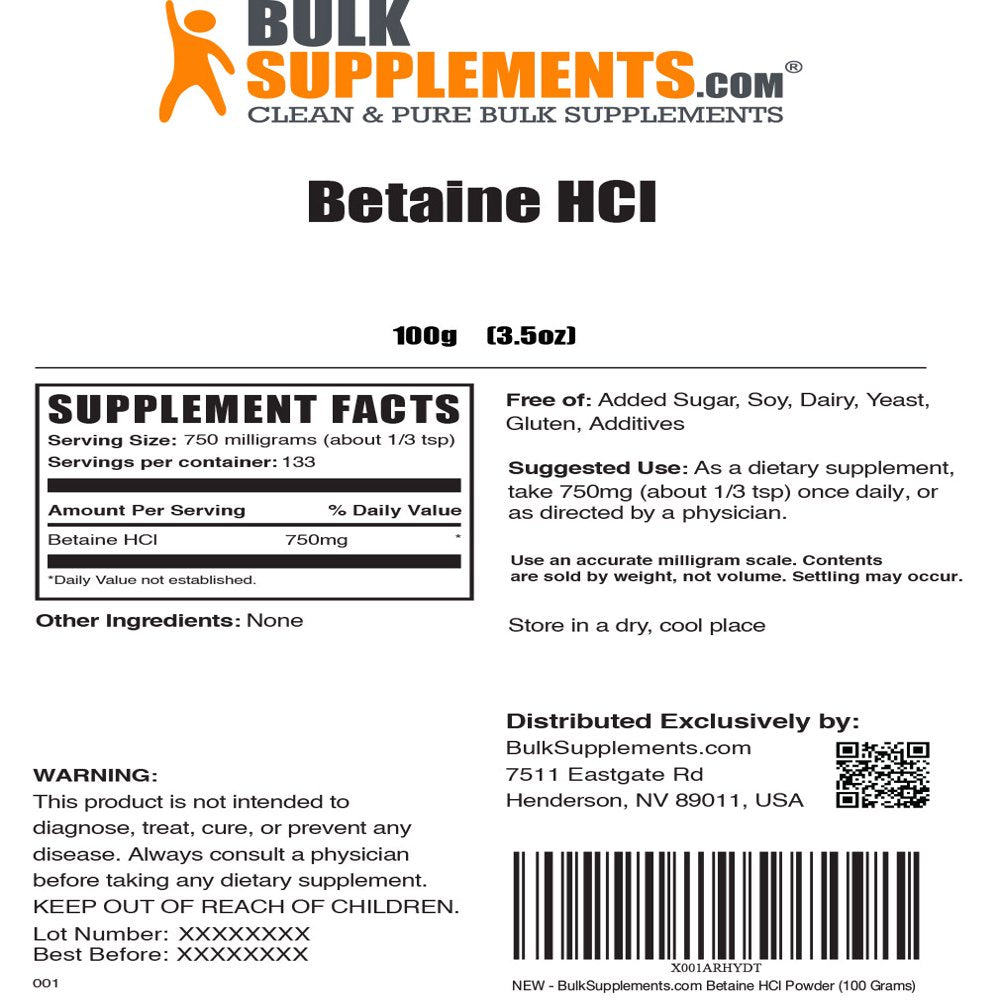 Bulksupplements.Com Betaine Hcl Powder - Gallbladder Formula - Betaine Hydrochloride - Hcl Supplement (100 Grams - 3.5 Oz)