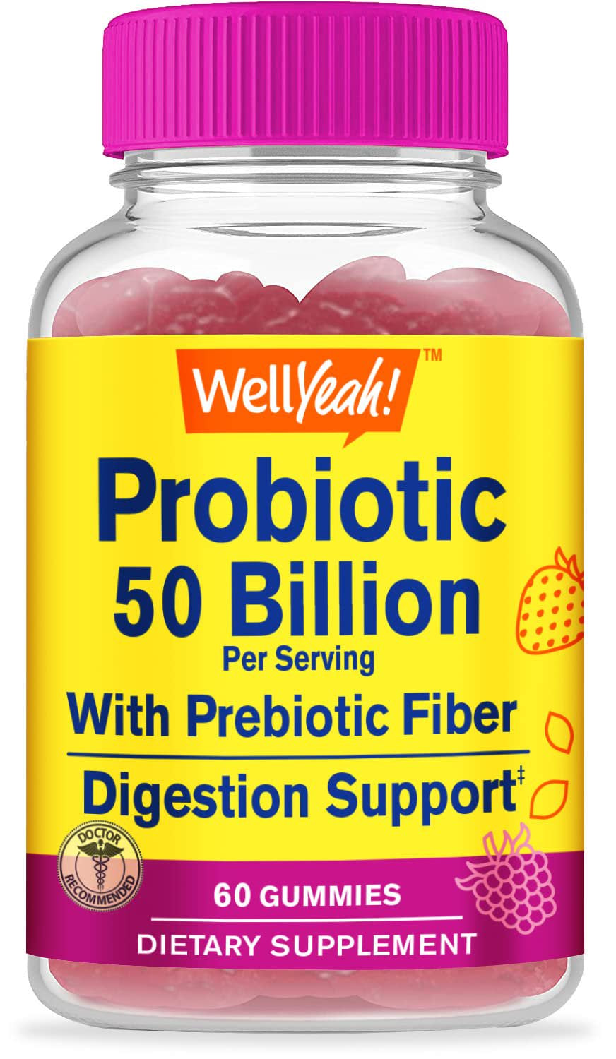 Wellyeah 50 Billion Probiotics + Prebiotics for Men and Women Gummies - Digestive Support, Gut Health, Immune Support Gummy - Probiotics for Digestive Health with 12 Strains - 60 Gummies