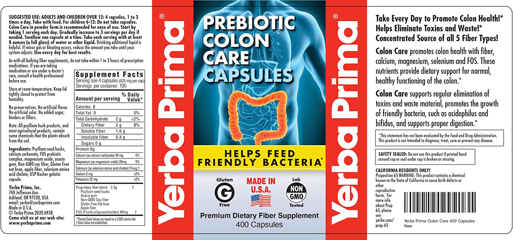 Yerba Prima Prebiotic Colon Care Capsules, 400 Caps (Pack of 2) - Five Forms of Dietary Fiber Supplement - Healthy Soluble & Insoluble Fibers for Regularity & Digestive Support