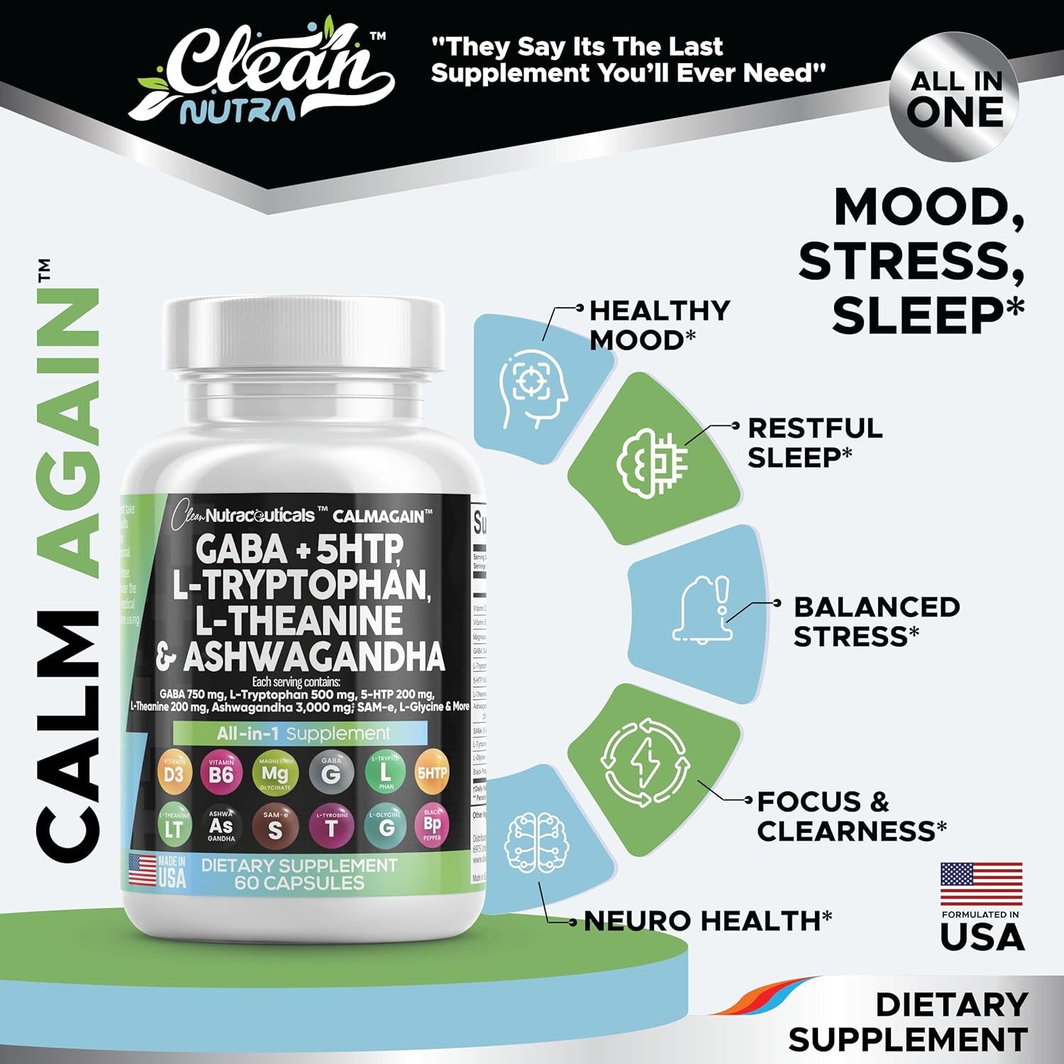 Clean Nutraceuticals GABA 750Mg 5 HTP 200Mg L Tryptophan 500Mg L Theanine 200Mg Ashwagandha 3000Mg Sam-E L-Glycine - Mood Support Vitamins for Women and Men with L-Tyrosine - Made in USA 60 Caps