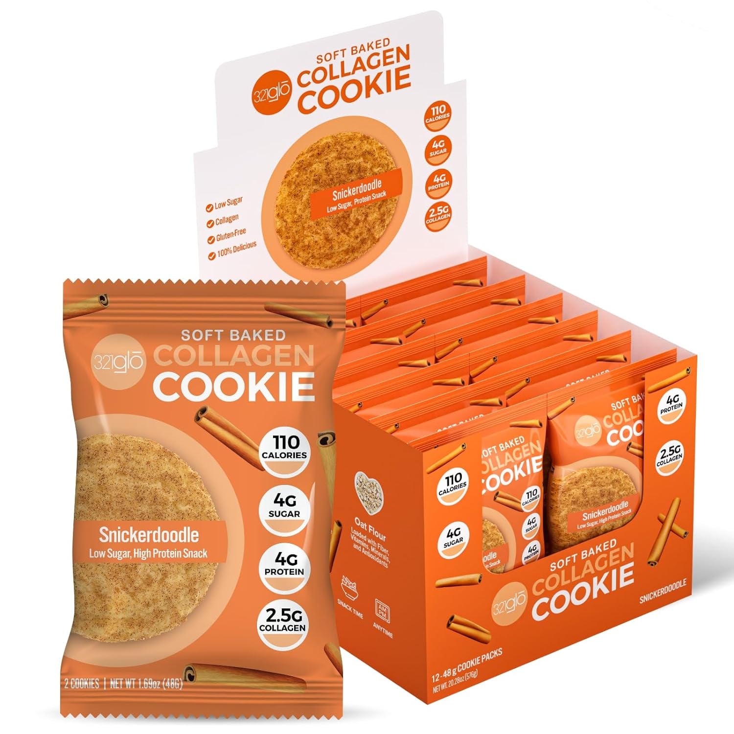 321Glo Collagen Cookies | Soft Baked, High Protein Cookies | Low Carb, Low Sugar | Keto Snack for Women, Men, & Kids | 12 Pack (Snickerdoodle)