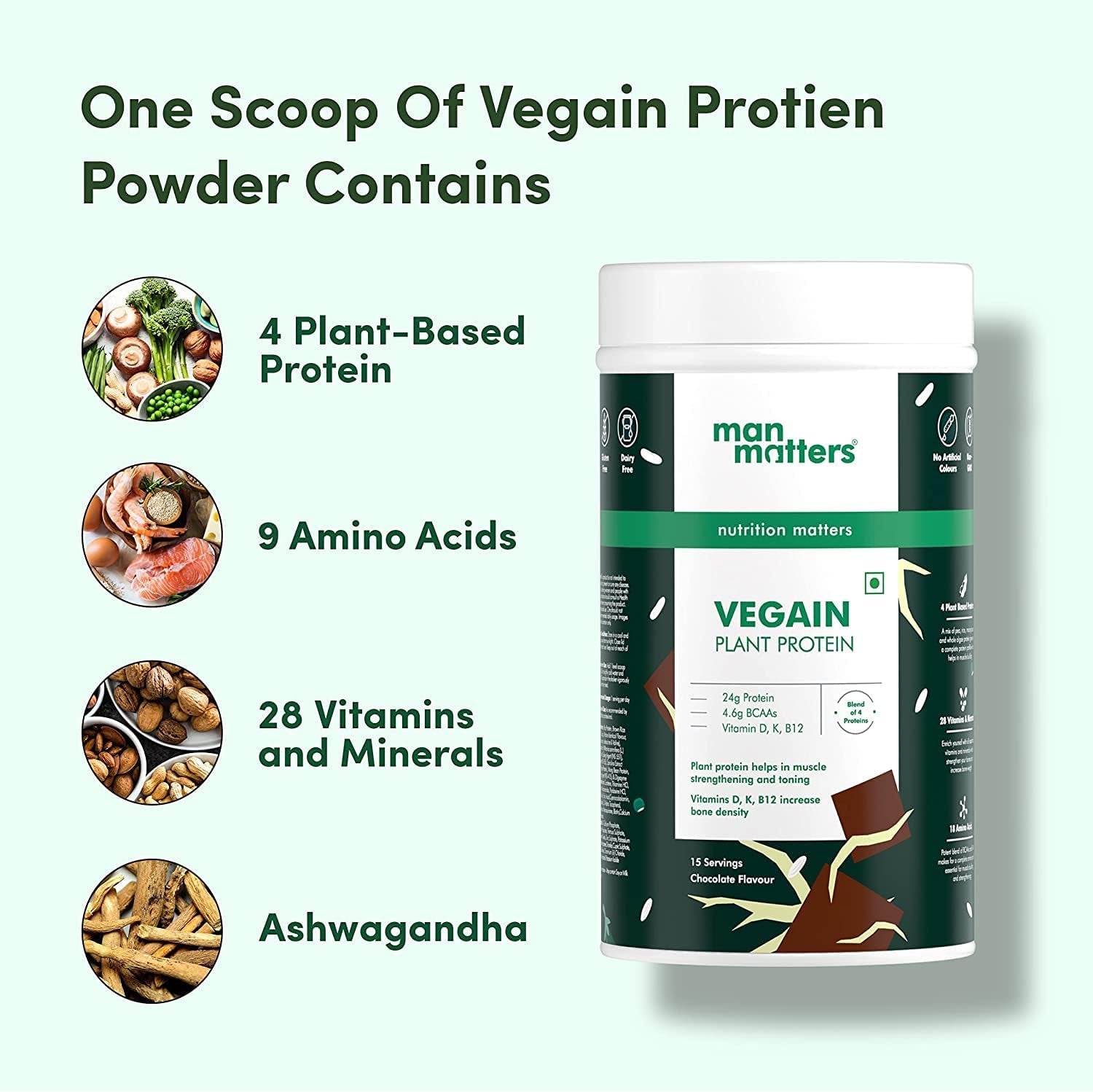 Man Matters VEGAIN Plant Protein Powder for Men | 100% Vegetarian | Made with Pea, Brown Rice, Moong Bean and Whole Algae | Gluten Free, Dairy Free & Soy Free | 500 Grams