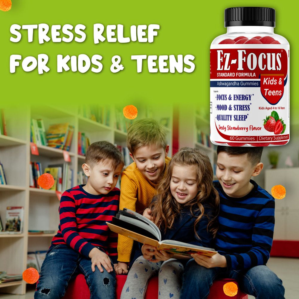 Ez-Focus Brain Booster Gummies for Kids & Teens -Brain Supplement with Omega, Support Focus, Memory, Concentration and Cognition - Vegan, Non-Gmo - 60 Gummies