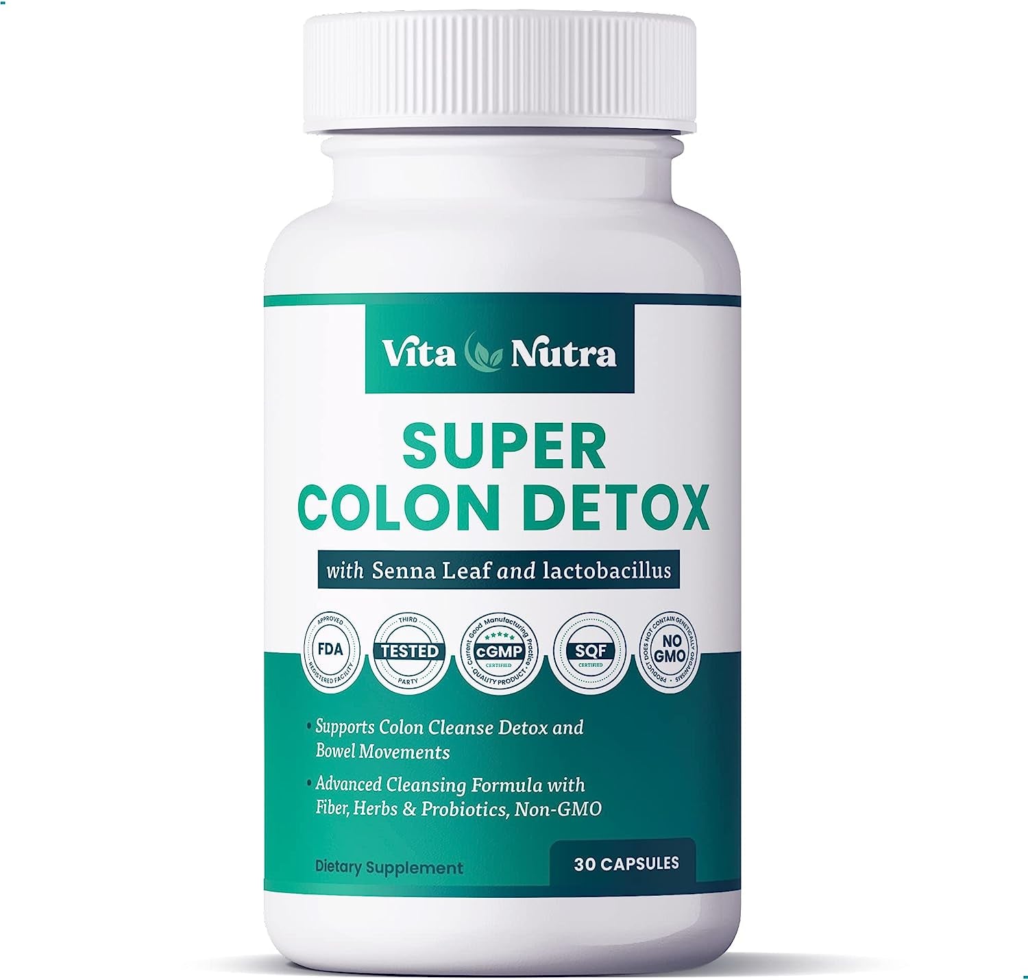 Vita Nutra Super Colon Detox Stool Softener & Cleanse | Smooth, Gentle, and Advanced Cleaning with Senna Leaf, Probiotics, Cascara Sagrada Bark, Psyllium Husk, Flaxseed, Aloe, Licorice, (1 Bottle)