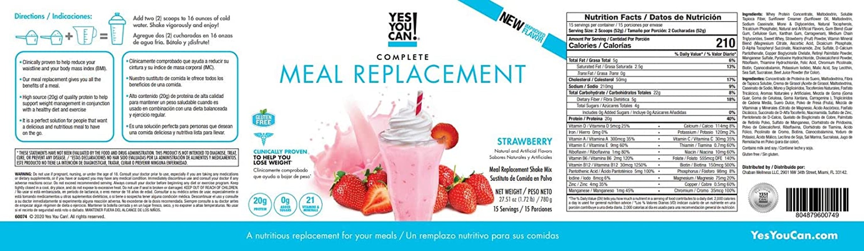 Yes You Can! Complete Meal Replacement - 15 Servings, 20G of Protein, 0G Added Sugars, 21 Vitamins and Minerals - All-In-One Nutritious Meal Replacement Shake (Strawberry)