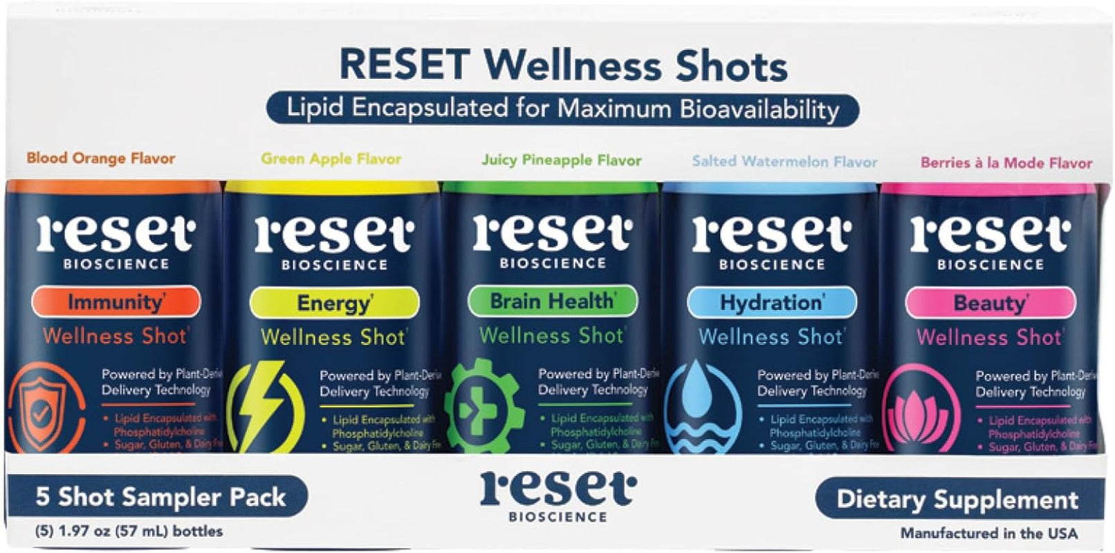 Wellness Shot Sample Pack - 1 Immunity, 1 Energy, 1 Brain Health, 1 Hydration, & 1 Beauty - Sugar-Free, Caffeine Free Daily Support - Non-Gmo, GF (Assorted Flavors, 5 Pk)