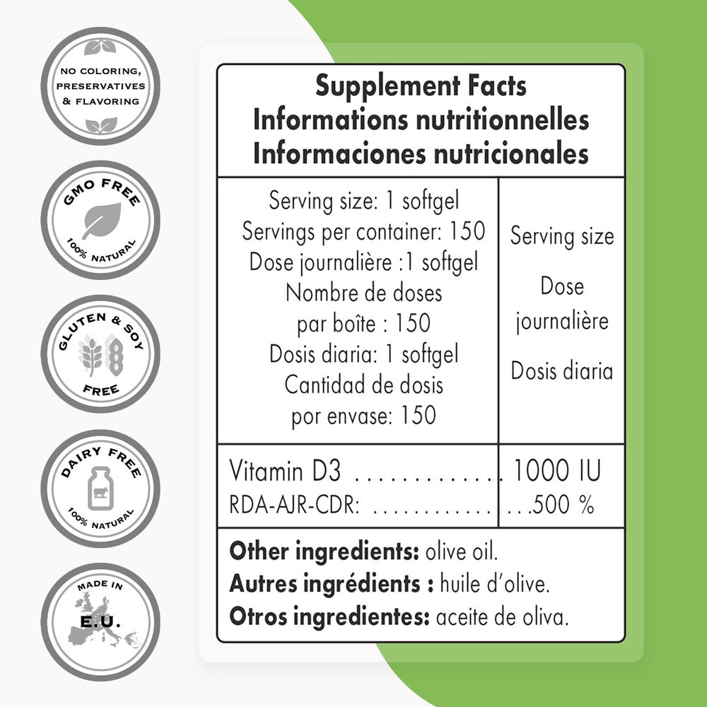 Supersmart - Vitamin D3 1000 IU per Day (Cholecalciferol) - Calcium & Immune Support - Bones & Joint Supplement | Non-Gmo & Gluten Free - 150 Softgels