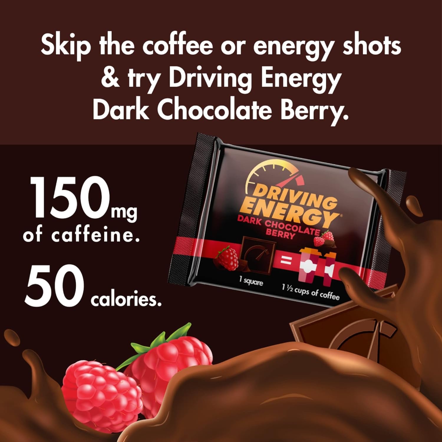 Zenevo – Driving Energy Berry Dark Chocolate with Caffeine - Caffeinated Chocolate Energy Bites – Low Calorie, Kosher, Gluten Free Snack – 50 Count