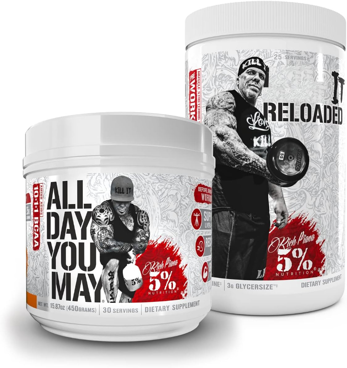 5% Nutrition Rich Piana Bundle | Alldayyoumay Amino Acid BCAA Powder (Push Pop) + Kill It Reloaded High-Stim Pre-Workout (Beach Blast)