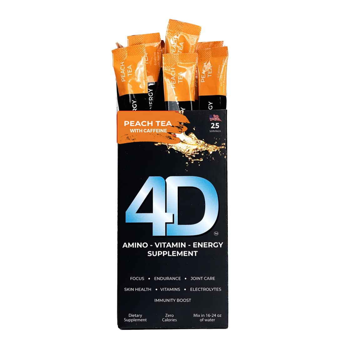 4D Clean Energy Drink Mix + Electrolytes + Immune Support + Multivitamins + Joint and Skin Support (Peach Tea Flavor with Caffeine, 25 Pack)