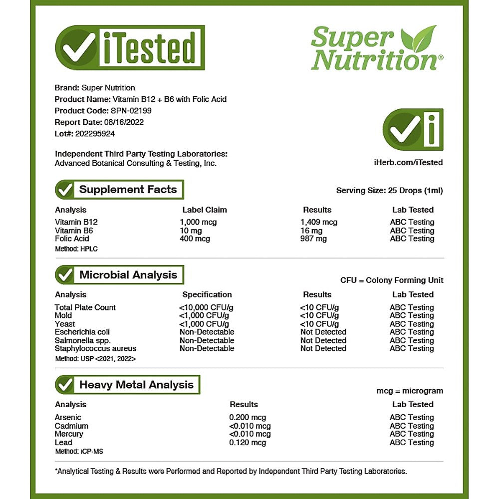 Super Nutrition Vitamin B12 + B6 with Folic Acid, 1 Fl Oz (30 Ml)