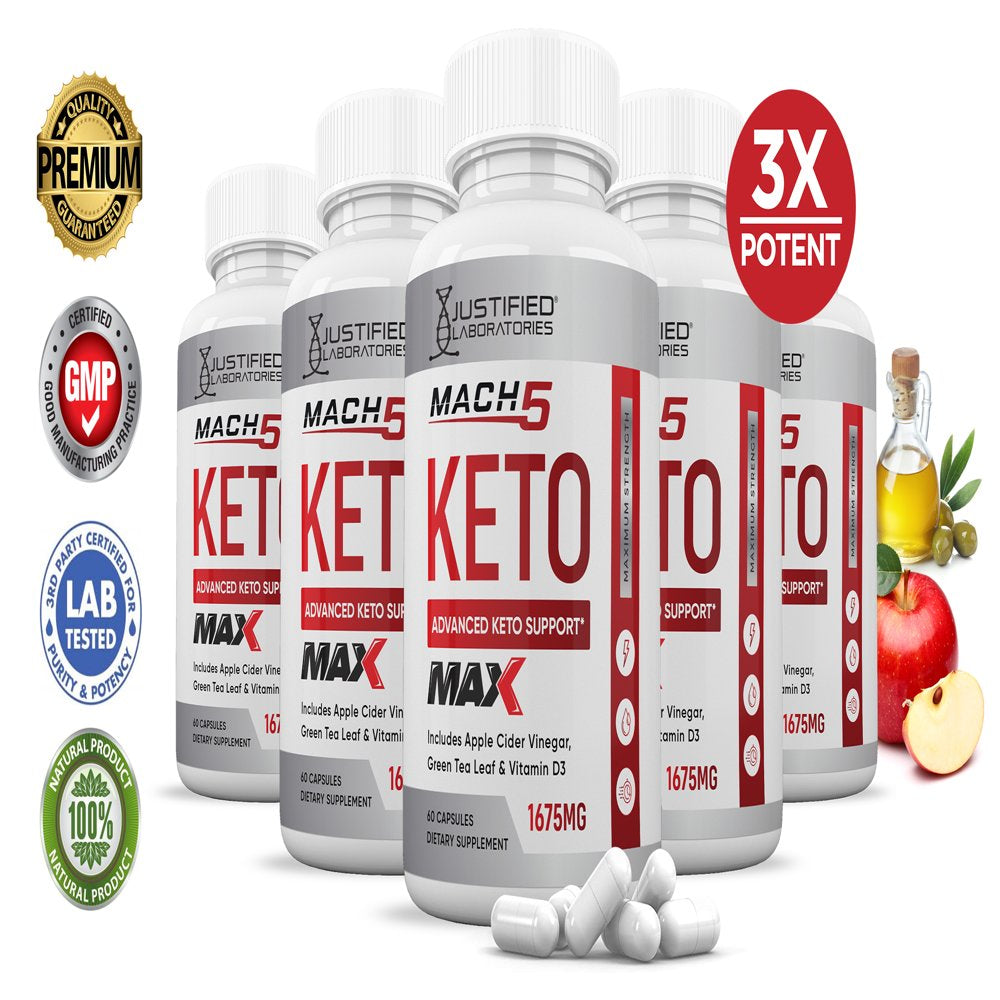 (5 Pack) Mach 5 Keto ACV MAX Pills 1675Mg Dietary Supplement 300 Capsules