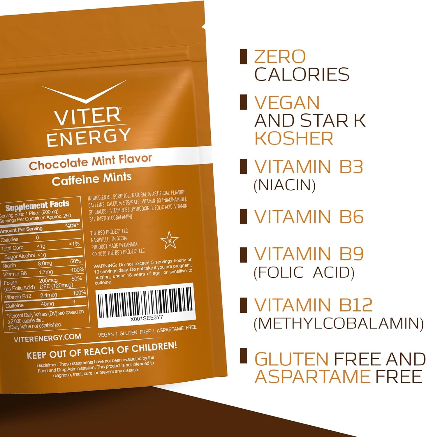 Viter Energy Original Caffeine Mints Chocolate Mint Flavor 6 Pack and 1/2 Pound Bulk Bag Bundle - 40Mg Caffeine, B Vitamins, Sugar Free, Vegan, Powerful Energy Booster for Focus and Alertness