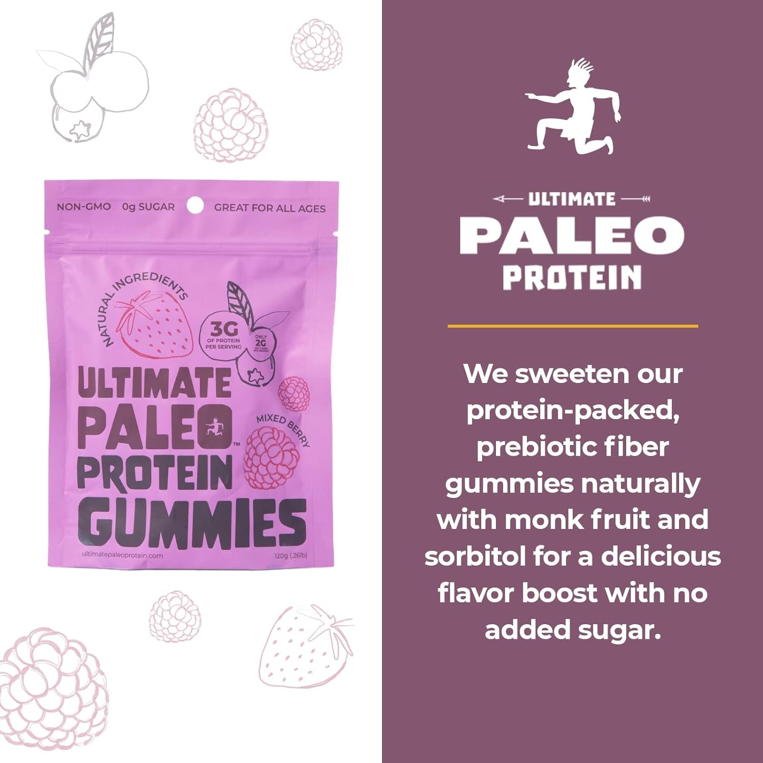 Ultimate Paleo Protein Gummies | Mixed Berry Flavored Gummy Chews | Complete Protein, Zero Added Sugar, Great Source of Prebiotics and Fiber, No Dairy, No Gluten, Non-Gmo, Keto Friendly | 4 Servings