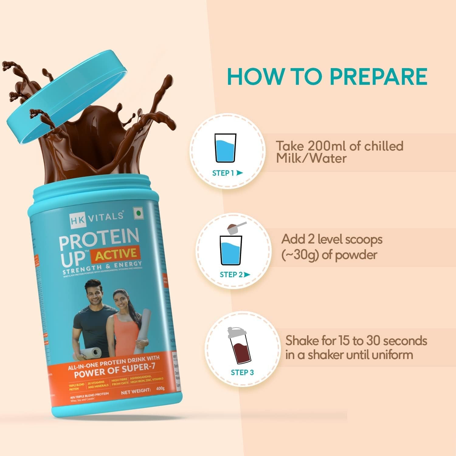 Goldy Vitals Proteinup Active,All in One Triple Blend Protein for Strength, Immunity, and Stress-Relief (Chocolate, 400 G / 0.88 Lb)