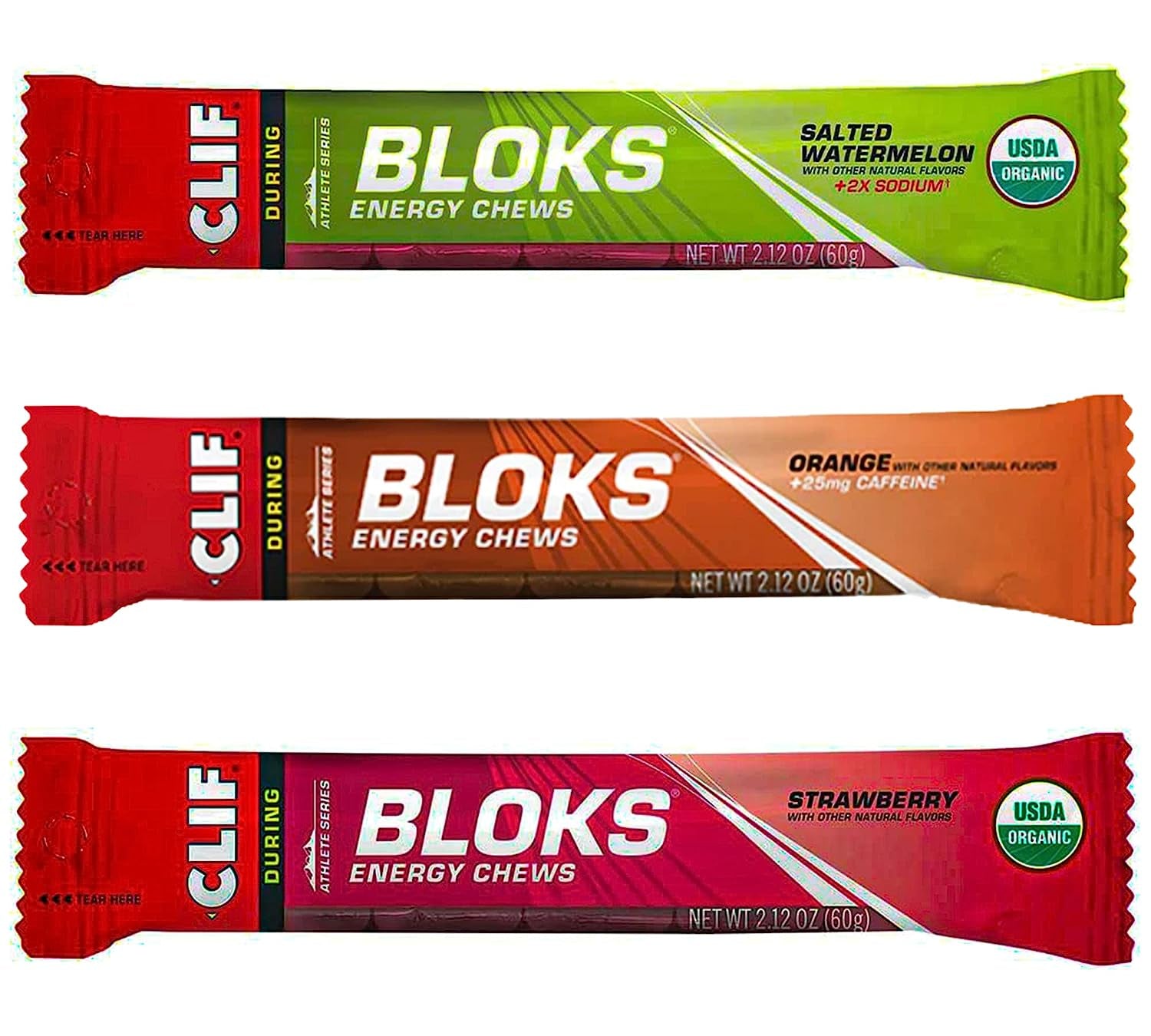 Energy Chews - CLIF BLOKS - 3 Flavor Variety Pack - Salted Watermelon - Orange - Strawberry - Non-Gmo - Plant Based Food - Fast Fuel for Cycling and Running - Workout Snack (2.1 Ounce Packet, 3 Count)