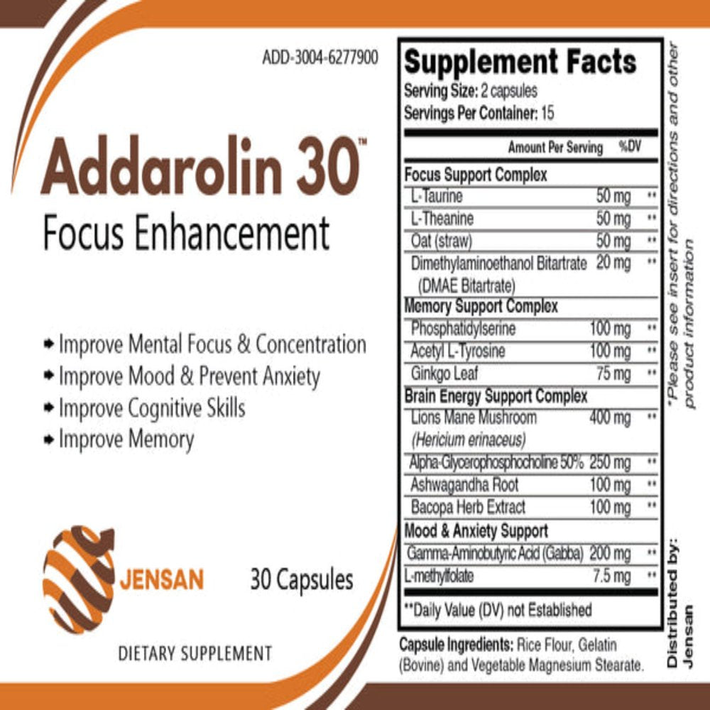 Addarolin 30 Focus Enhancement, Brain Supplement for Improve Mental Focus and Prevent Anxiety