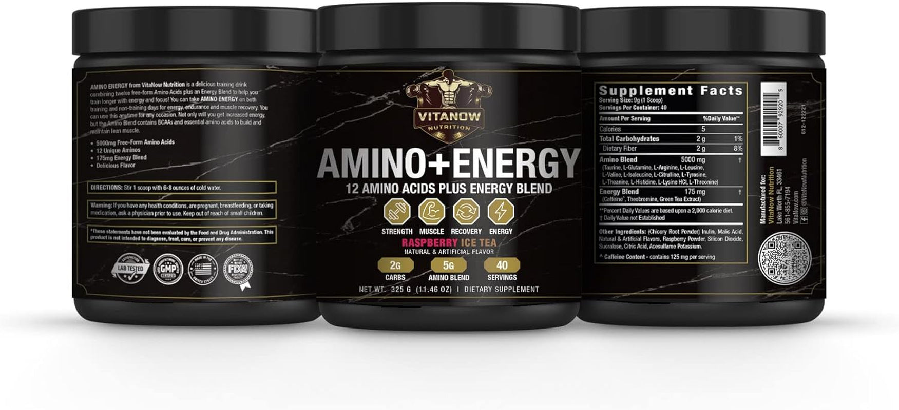 VITANOW NUTRITION Amino+Energy, 12 Amino Acids plus Energy Blend, Contain Carbs, 360G, 40 Servings (Raspberry Ice Tea)