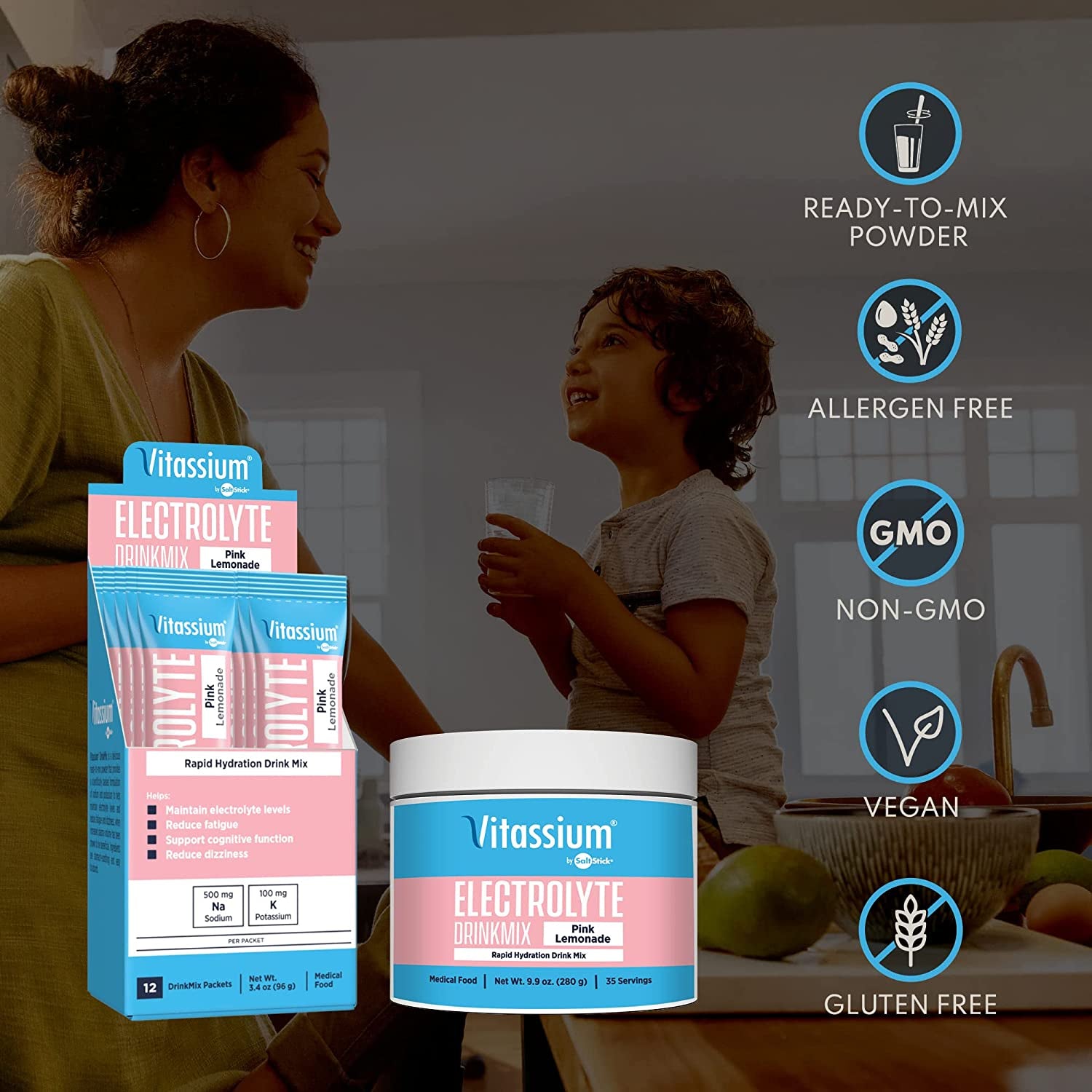 Vitassium Drinkmix - Ready-To-Mix Electrolyte Powder for POTS Syndrome Support (500Mg Sodium & 100Mg Potassium) - Vegan, Gluten & Allergen Free - Pink Lemonade - 35 Servings per Tub