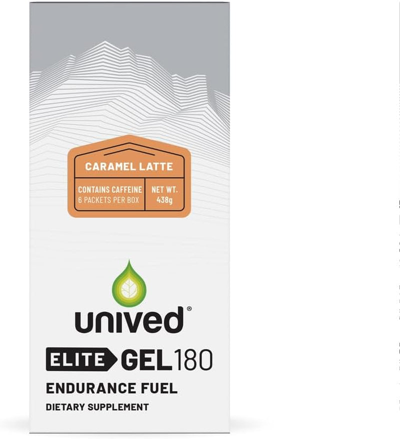 Unived Elite Gel 180-2:1 Ratio of Simple & Complex Carbs with Beta Alanine & Essential Electrolytes - for Endurance Athletes Runners & Cyclists -180Kcal - Caramel Latte - 35Mg Caffeine - Pack of 6