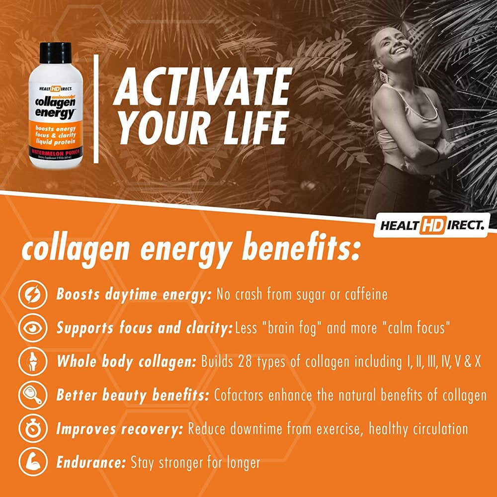 High-Energy Liquid Collagen | Aminosculpt Collagen Energy |12-2 Fl Oz Shots| Watermelon Punch | Supports Focus and Clarity | Boosts Daytime Energy | Better for Hair, Skin and Nails