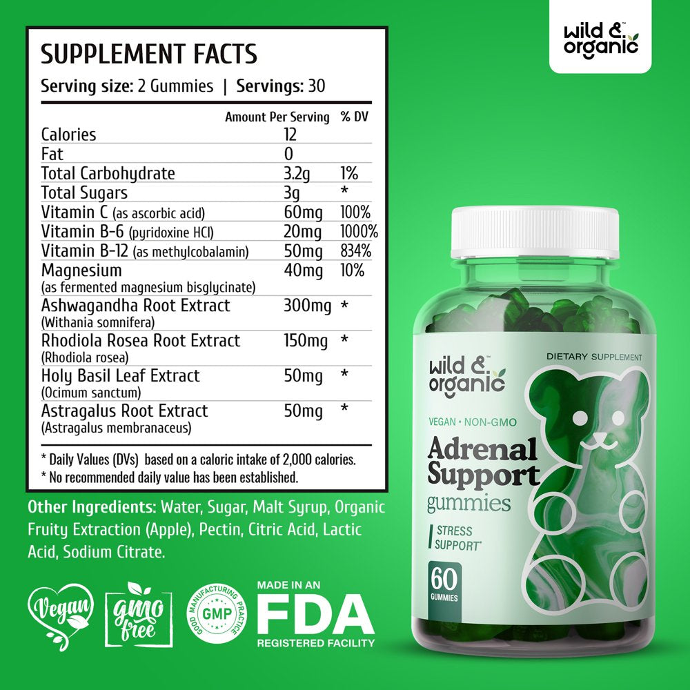 Wild & Organic Adrenal Support Gummies - Energy, Calm & Stress Gummies W/ Ashwagandha, 60 Chews